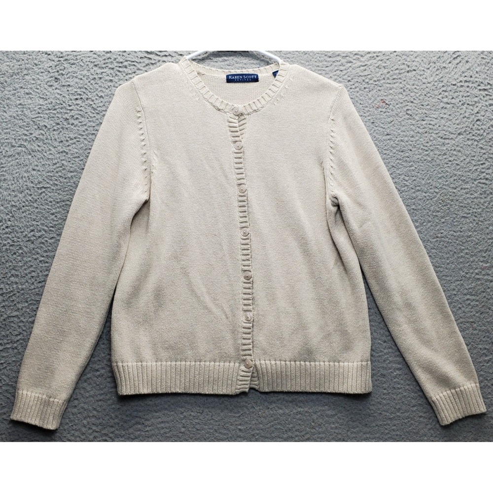 Karen Scott Cardigan Sweater Women's PM Brown Knitted Long Sleeve‎ Button Front